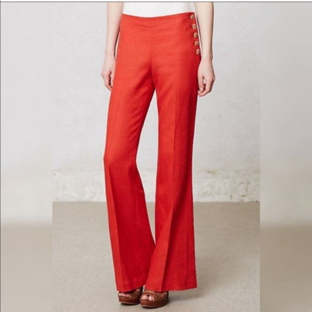Anthropologie Elevenses Red Linen Side Button Pants